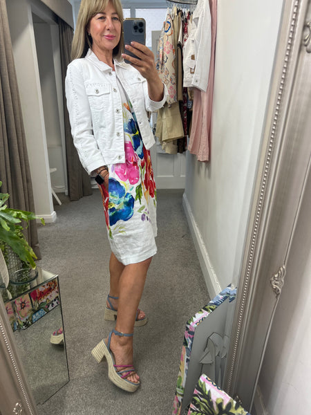 26703 Linen Bright Flowers on White Dress