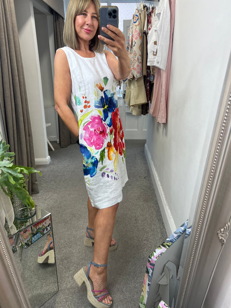 26703 Linen Bright Flowers on White Dress