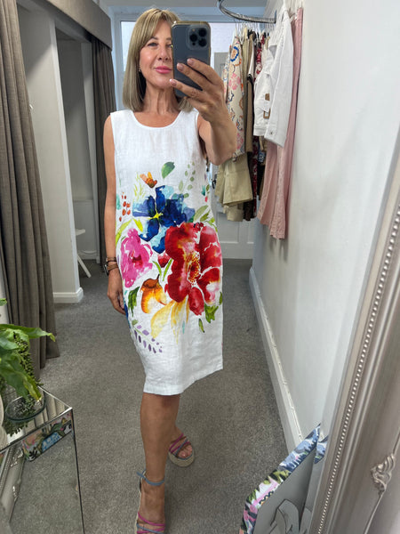 26703 Linen Bright Flowers on White Dress