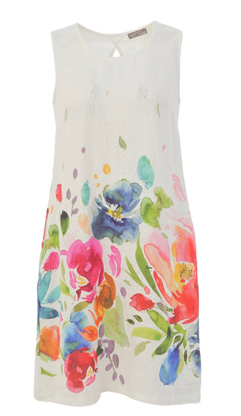 26703 Linen Bright Flowers on White Dress