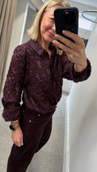 5010 Fringe Blouse Burgundy and White