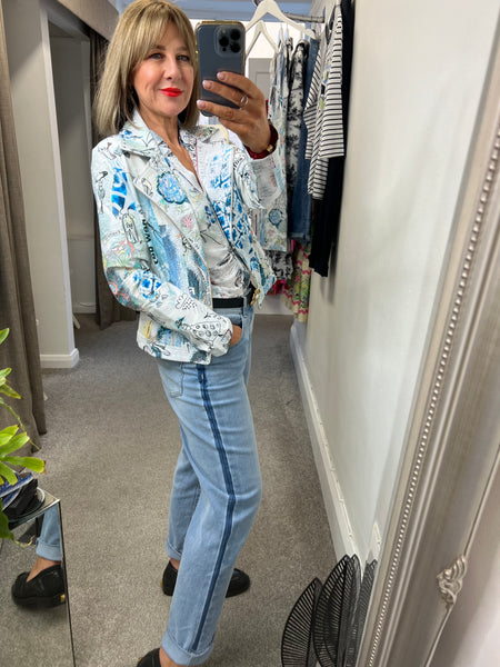 26735 Zip Detail Writing Print Jacket