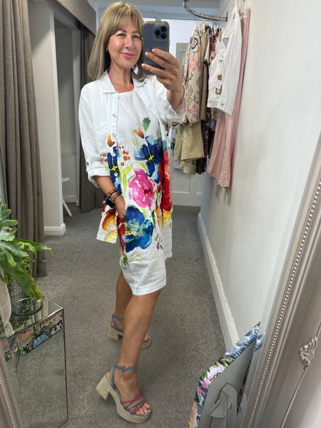26703 Linen Bright Flowers on White Dress