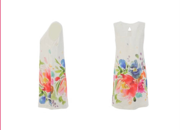 26703 Linen Bright Flowers on White Dress